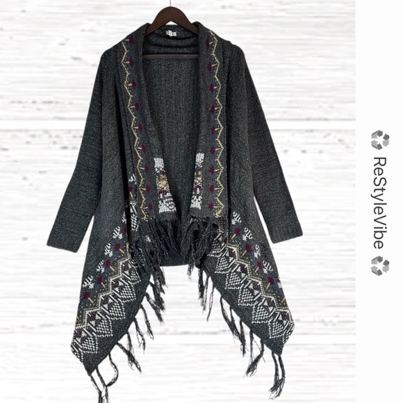 EYESHADOW Women’s Size L Sweater Cardigan South Western Fringe Style Open Front - Picture 1 of 16